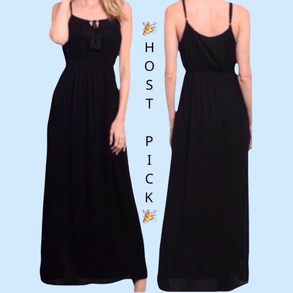 BLACK SLEEVELESS TASSEL TIE MAXI DRESS - Picture 1 of 7